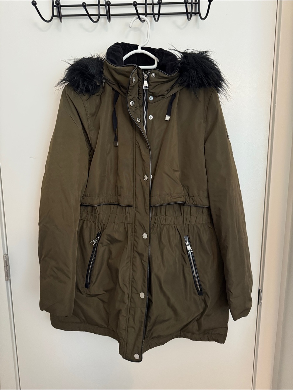 Karl Lagerfeld Olive Green Down Parka with Black Faux Fur Trim Size L